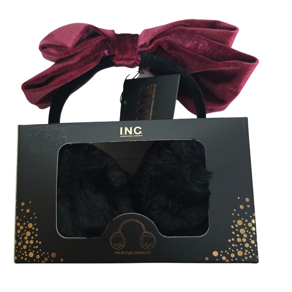 INC International Concepts Faux Fur Earmuffs & Burgundy Velvet Bow Headband Set